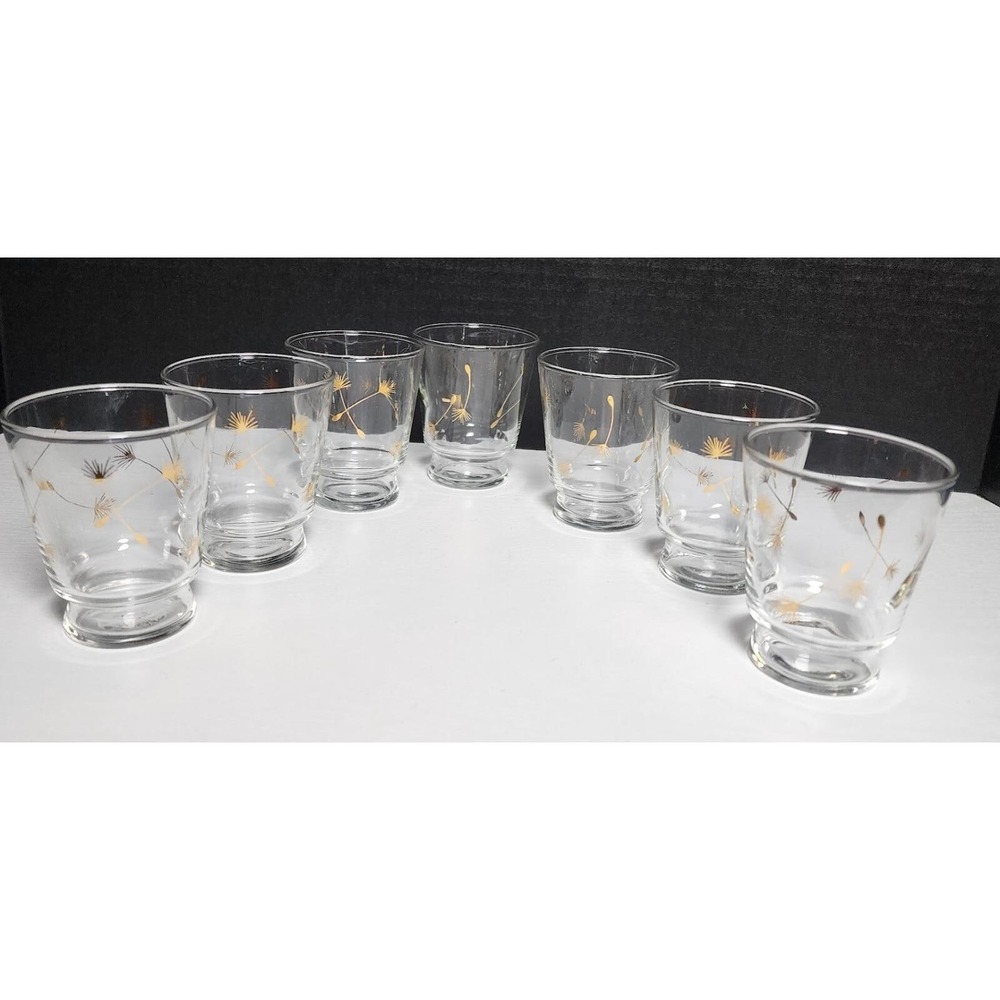 7 Vintage Libbey Blown Dandelion Seed Wisp Atomic Gold Pedestal MCM Glasses